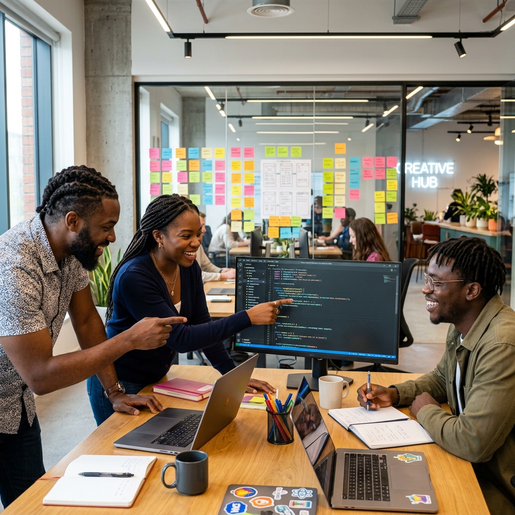 Team of Black software developers and managers discussing design in a vibrant open-plan workspace